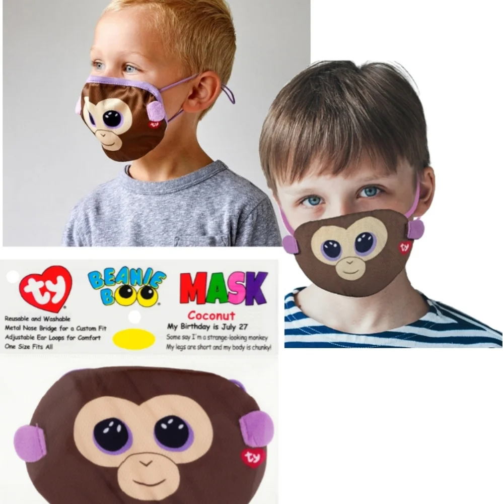 NWT 2-pks TY Adjustable Kid's Face Masks: Coconut Monkey!